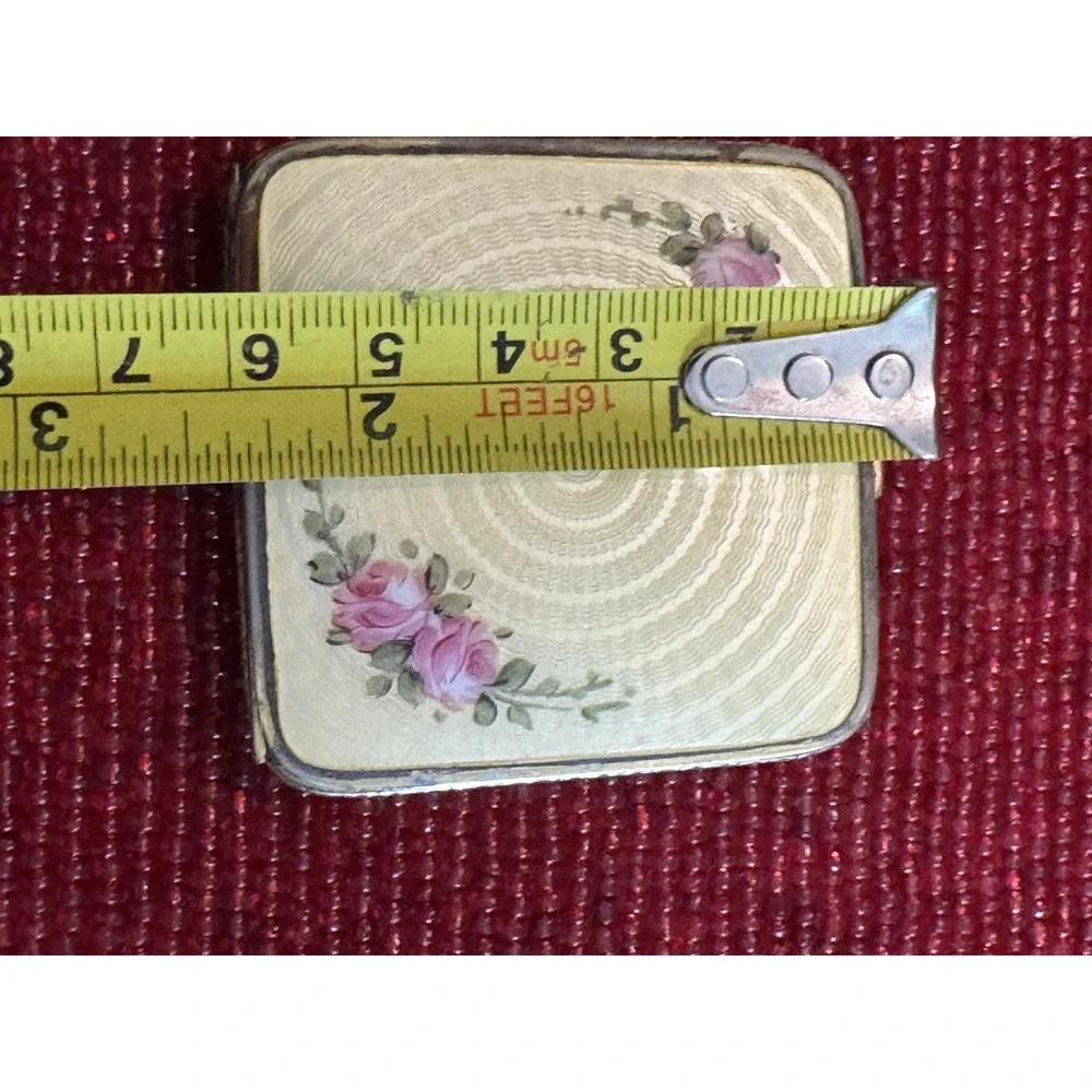 Vintage Guilloche Enamel Powder Compact Pink Roses Floral Mirror Vanity Case